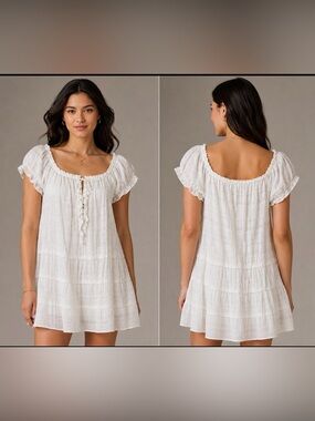 Max Studio White Prairie Dress L Cottagecore Boho Peasant Beach Mini SummerFairy